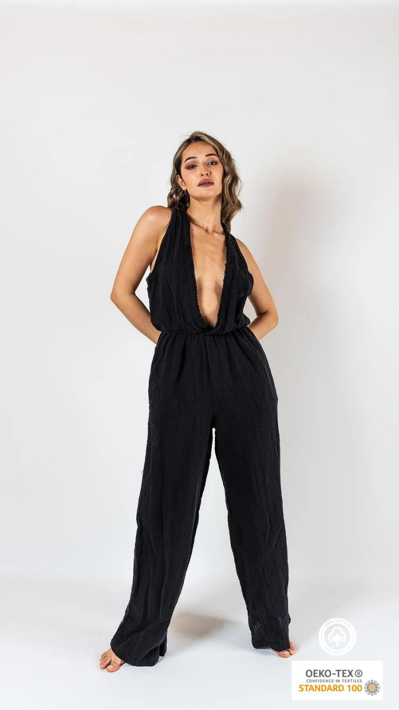 Muslin Jumpsuit with Cleavage Black