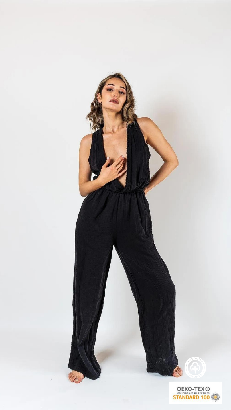 Muslin Jumpsuit with Cleavage Black