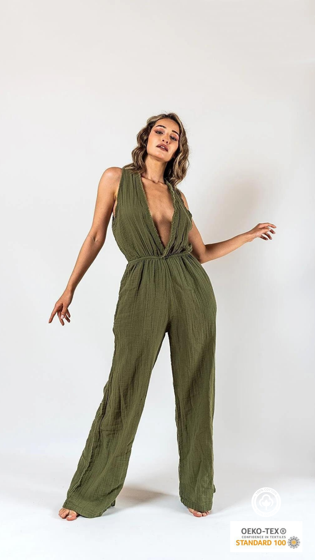Muslin Jumpsuit with Cleavage Khaki