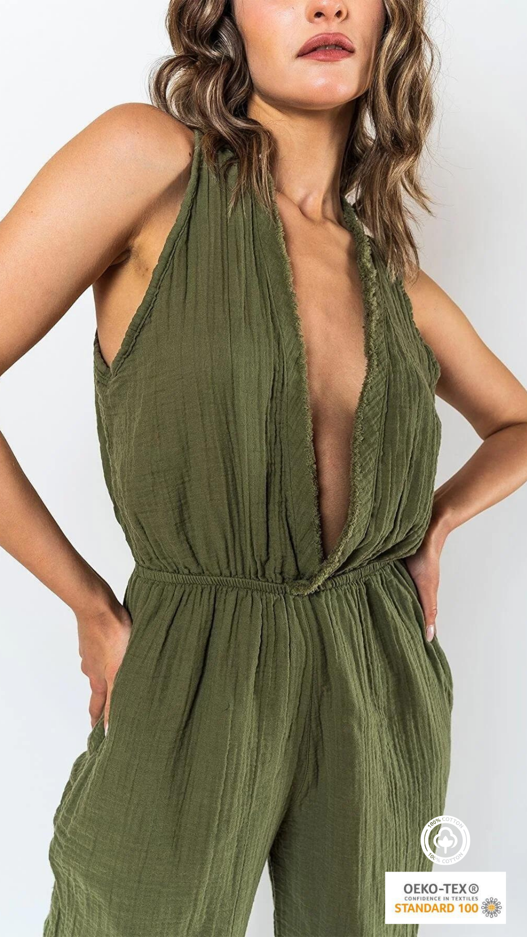 Muslin Jumpsuit with Cleavage Khaki