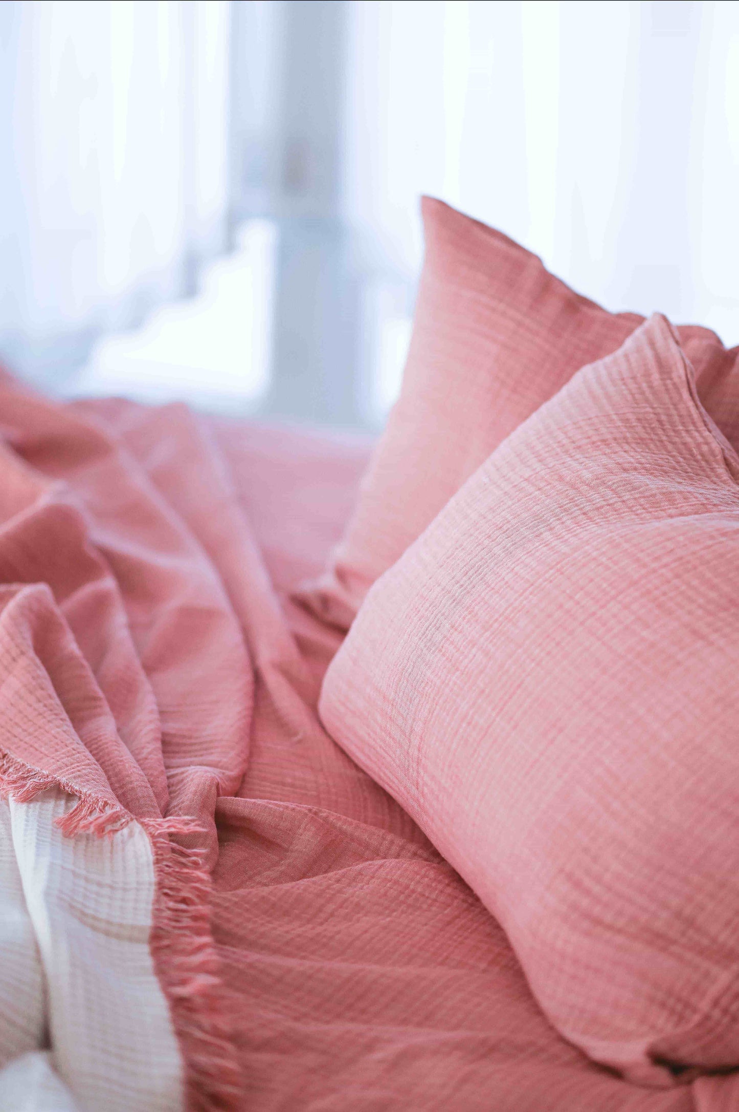 Cozy Muslin Bedspread – Reversible, muslin fabric blanket perfect for bed, couch, or as a cozy wrap in coral pink & ecru